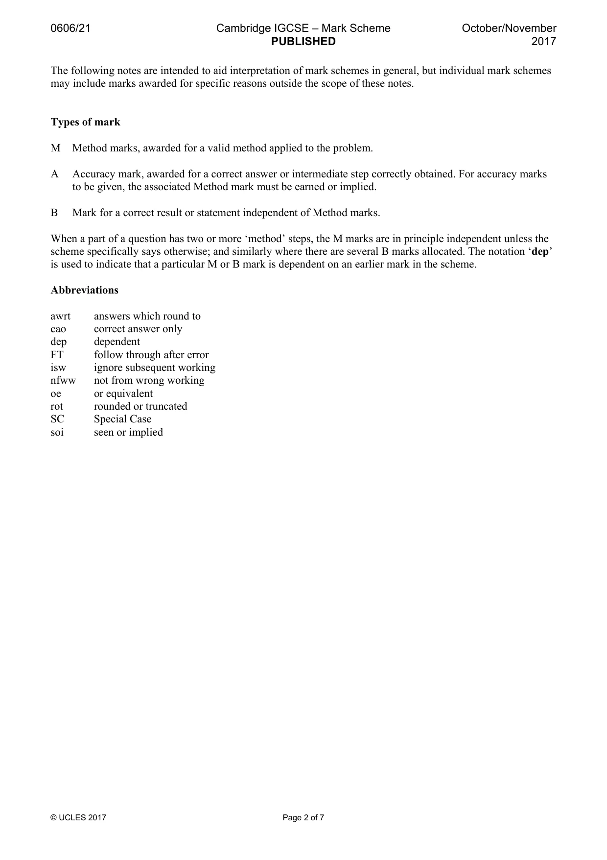 Mark scheme, page 2 of 7