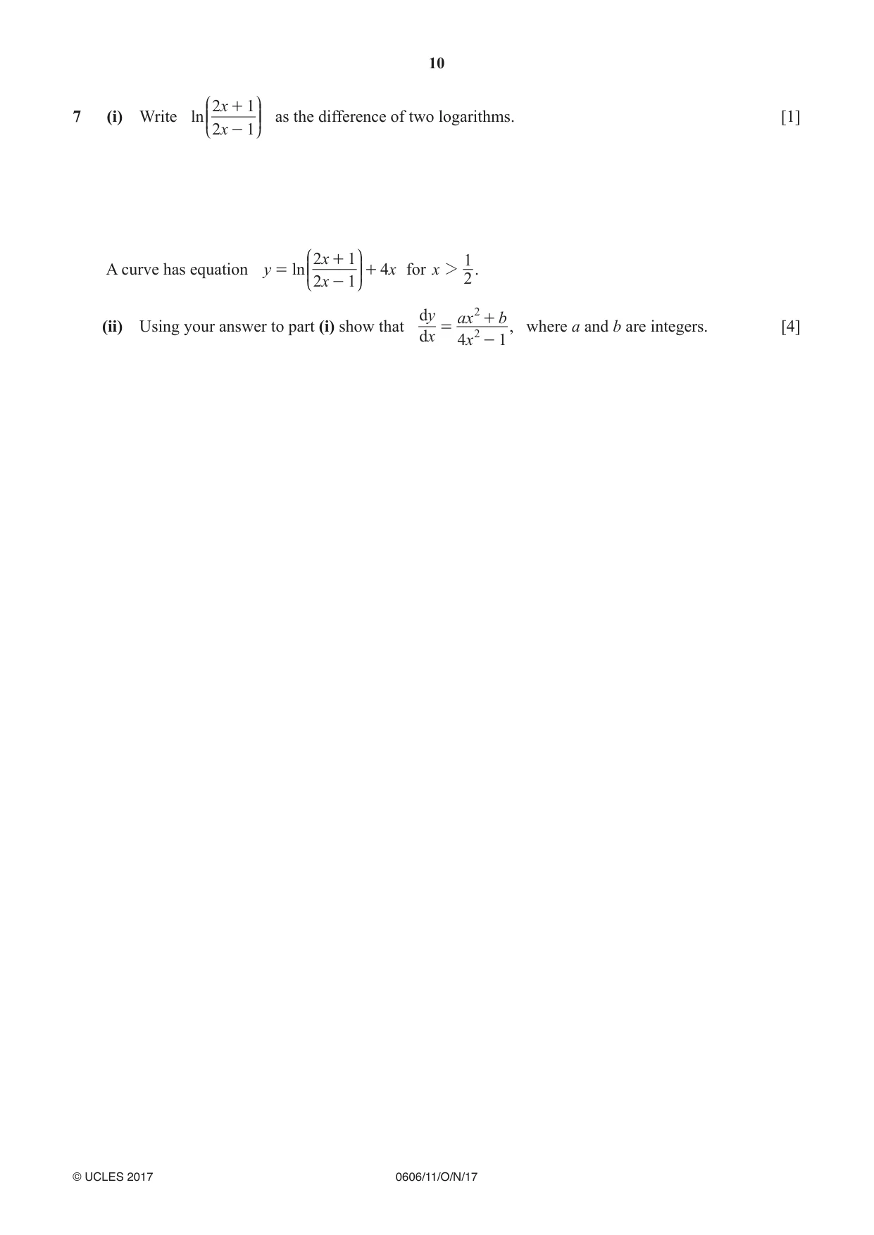 Cambridge IGCSE Mathematics - Additional 0606 2017 Oct/Nov Paper 1 · Variant 1 question paper, page 10 of 16