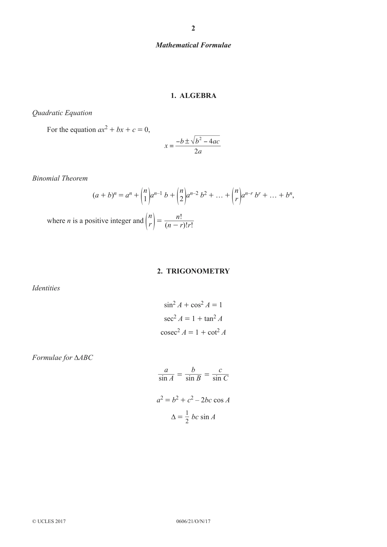 Cambridge IGCSE Mathematics - Additional 0606 2017 Oct/Nov Paper 2 · Variant 1 question paper, page 2 of 16