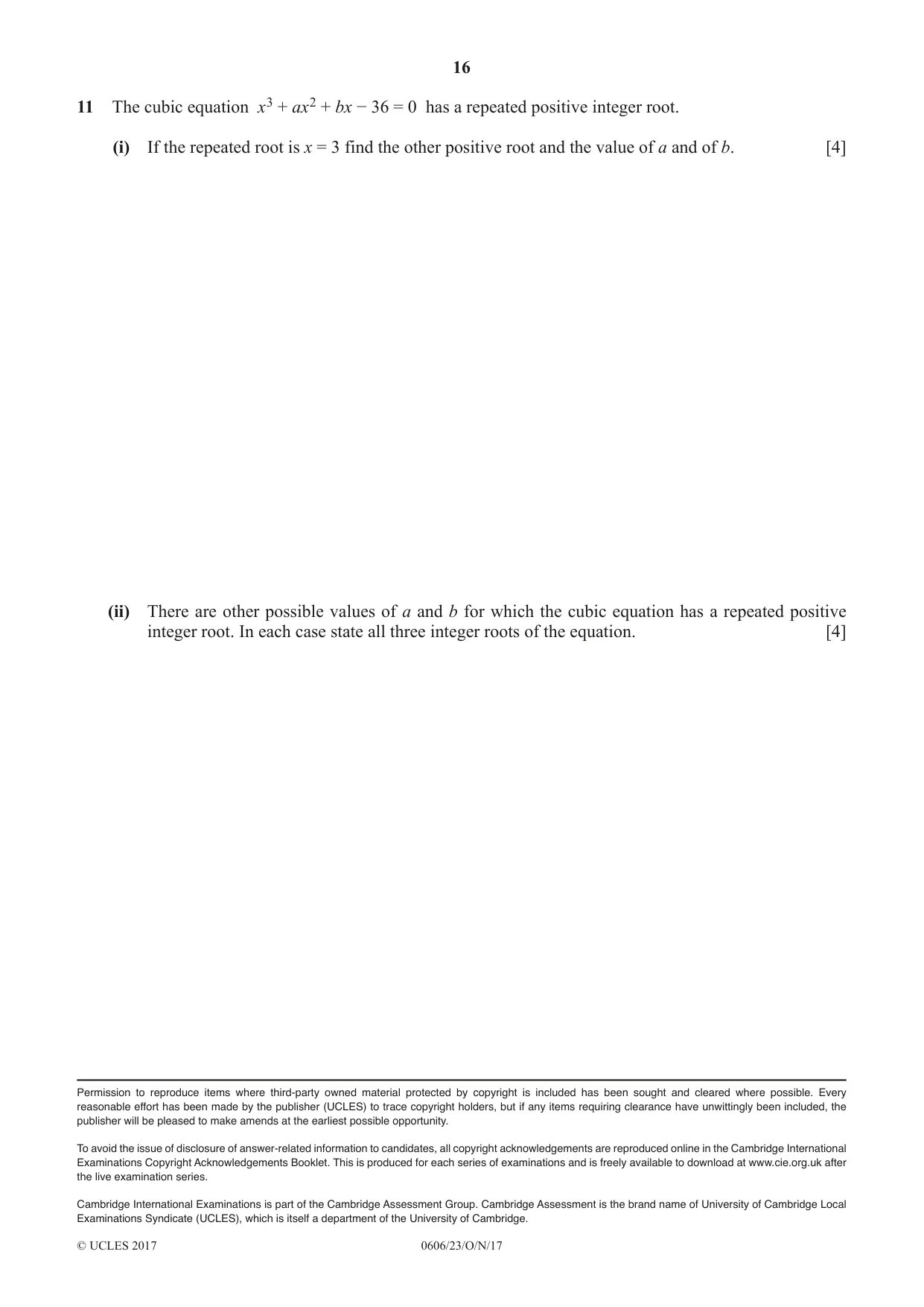 Cambridge IGCSE Mathematics - Additional 0606 2017 Oct/Nov Paper 2 · Variant 3 question paper, page 16 of 16
