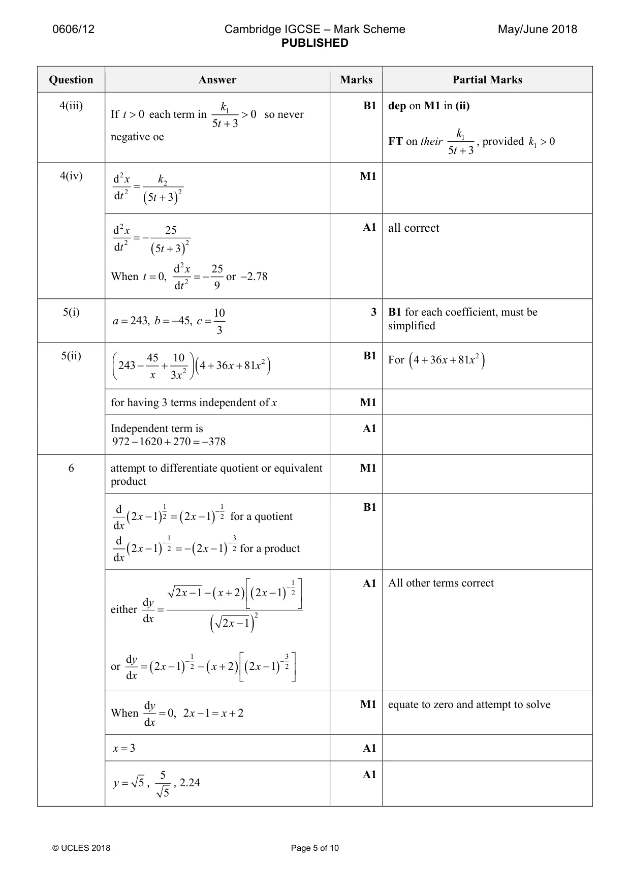 Mark scheme, page 5 of 10