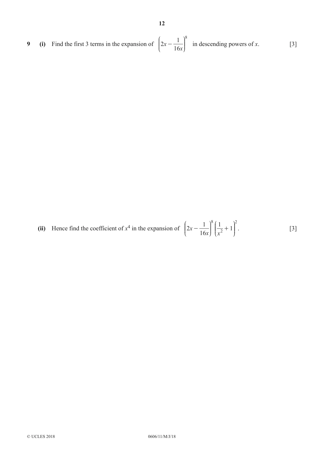 Cambridge IGCSE Mathematics - Additional 0606 2018 May/June Paper 1 · Variant 1 question paper, page 12 of 16
