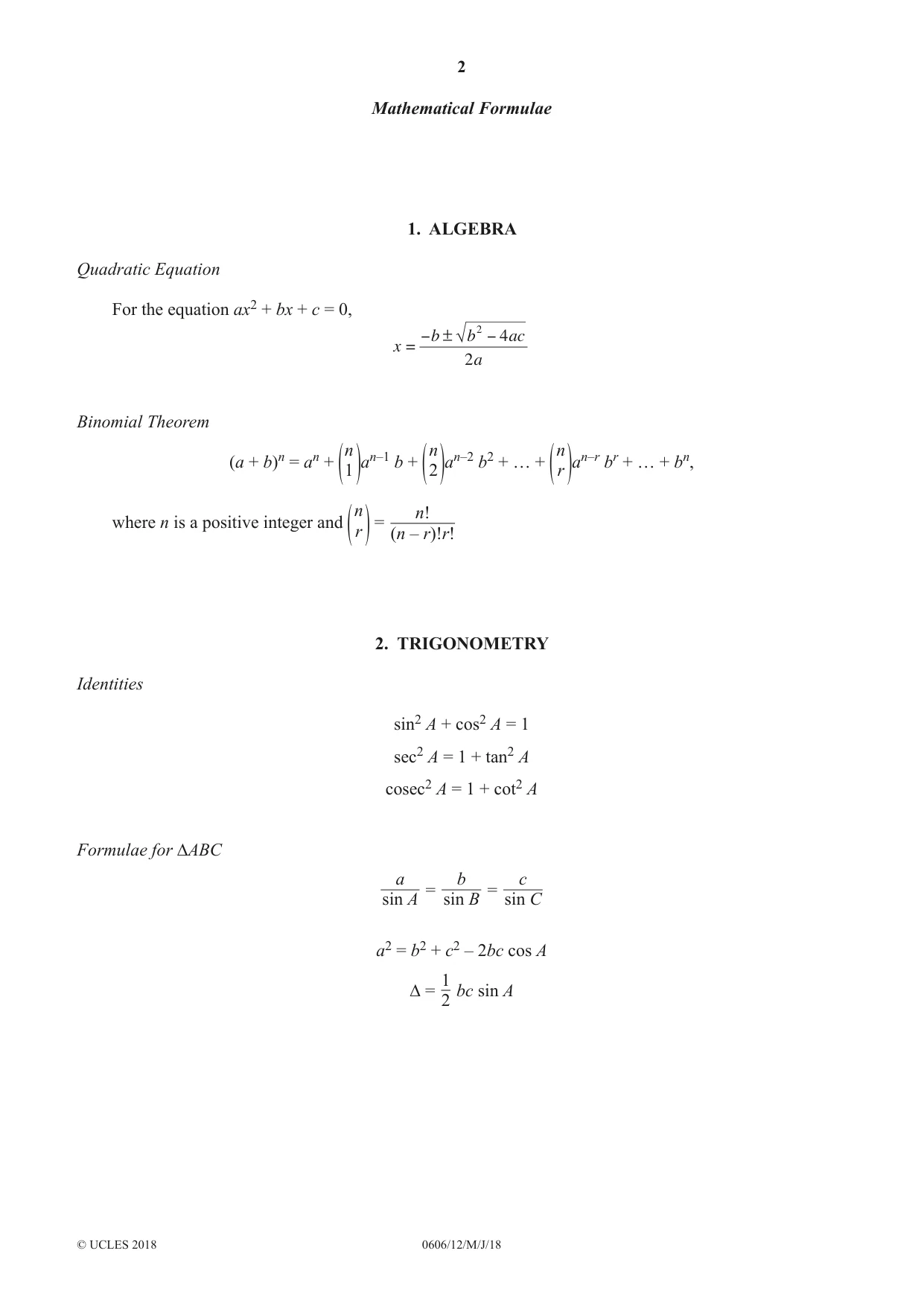 Cambridge IGCSE Mathematics - Additional 0606 2018 May/June Paper 1 · Variant 2 question paper, page 2 of 16