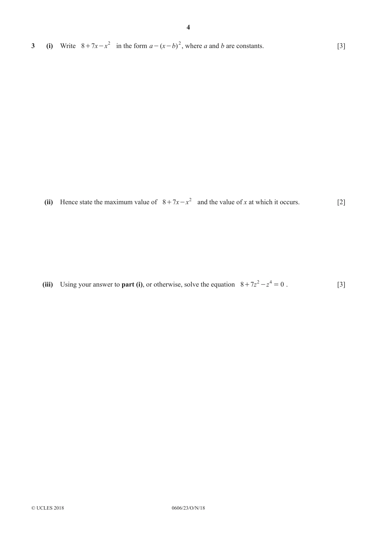 Cambridge IGCSE Mathematics - Additional 0606 2018 Oct/Nov Paper 2 · Variant 3 question paper, page 4 of 16