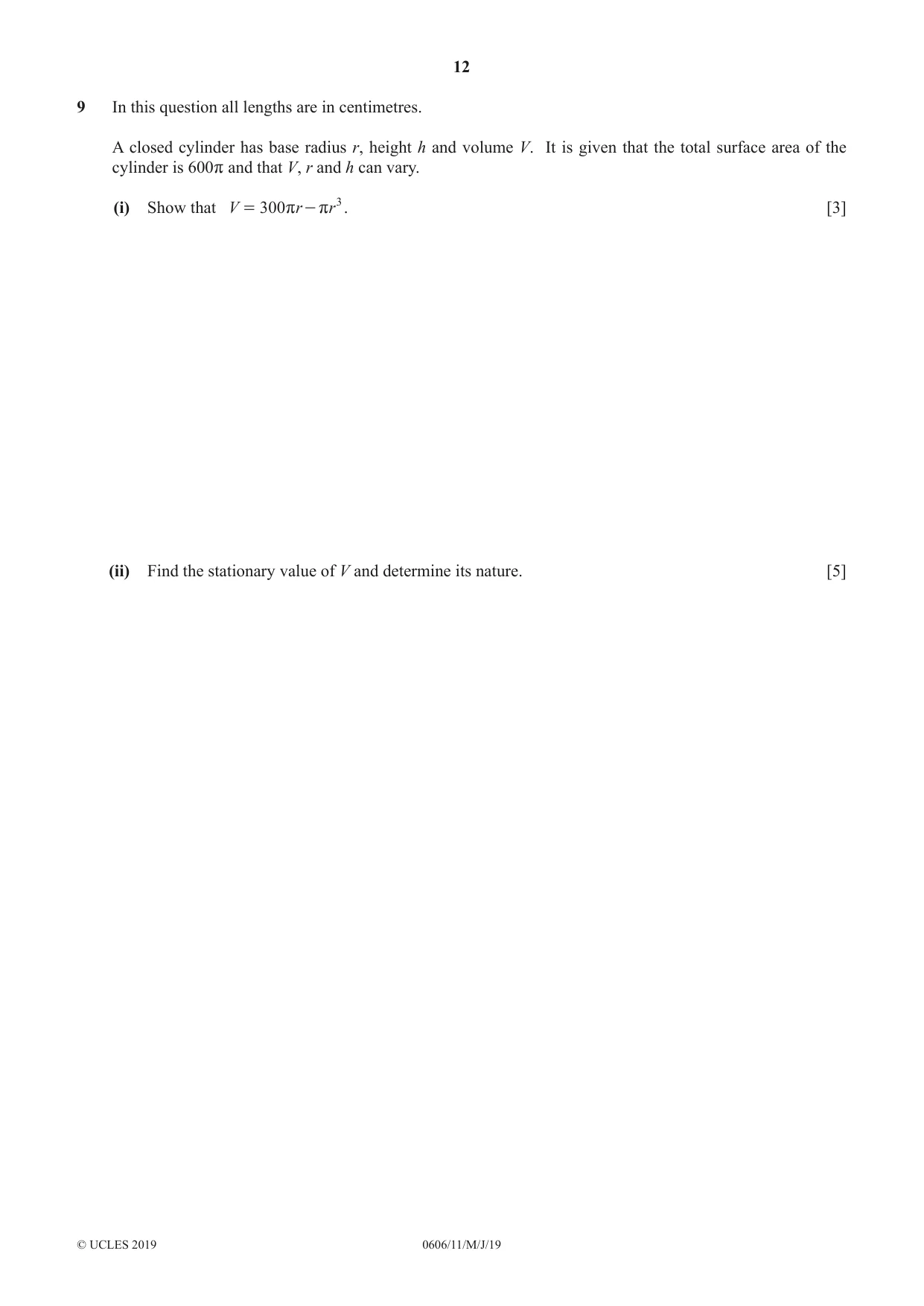 Cambridge IGCSE Mathematics - Additional 0606 2019 May/June Paper 1 · Variant 1 question paper, page 12 of 16