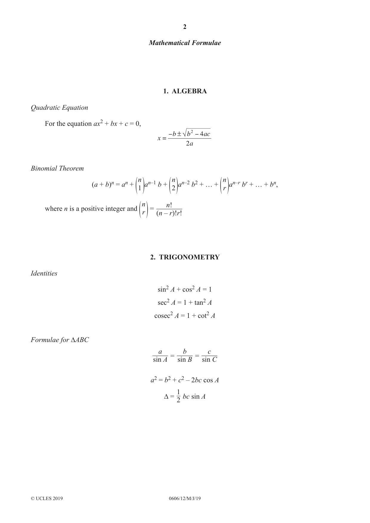 Cambridge IGCSE Mathematics - Additional 0606 2019 May/June Paper 1 · Variant 2 question paper, page 2 of 16