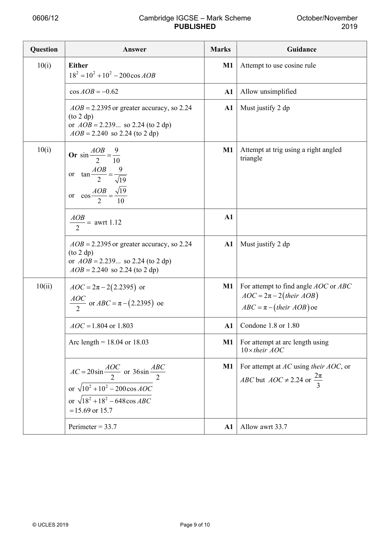 Mark scheme, page 9 of 10
