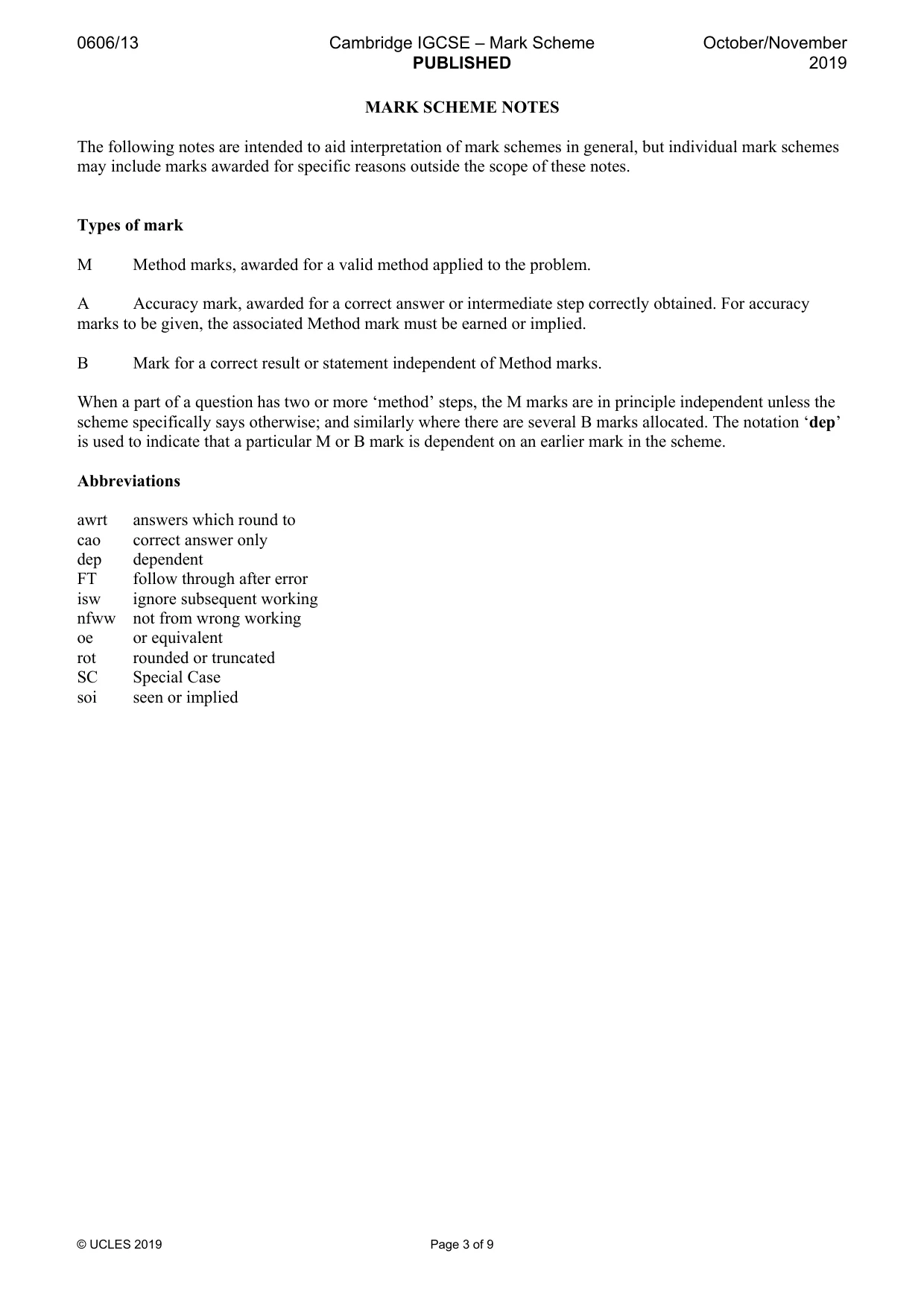 Mark scheme, page 3 of 9