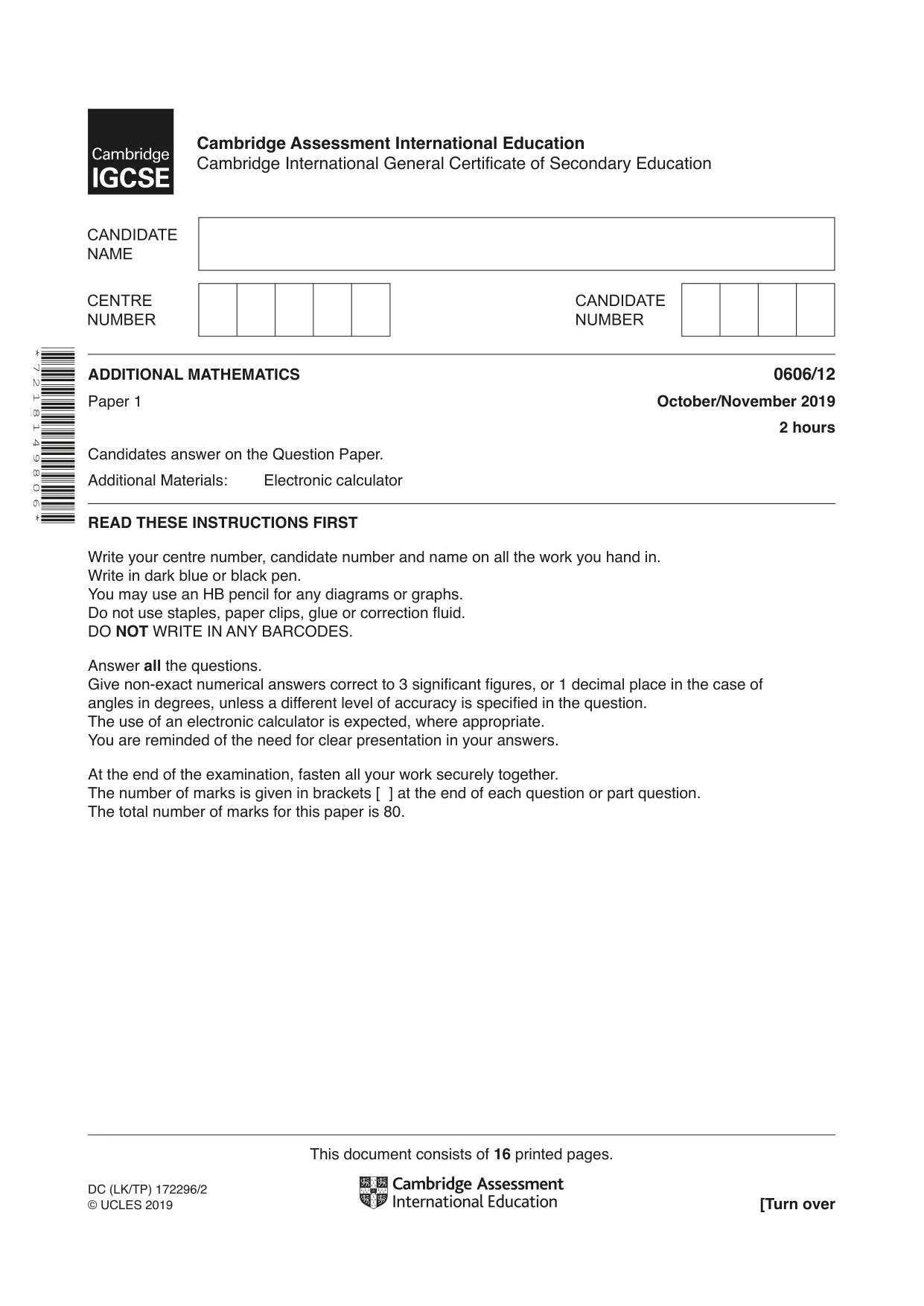 Cambridge IGCSE Mathematics - Additional 0606 2019 Oct/Nov Paper 1 · Variant 2 question paper, page 1 of 16
