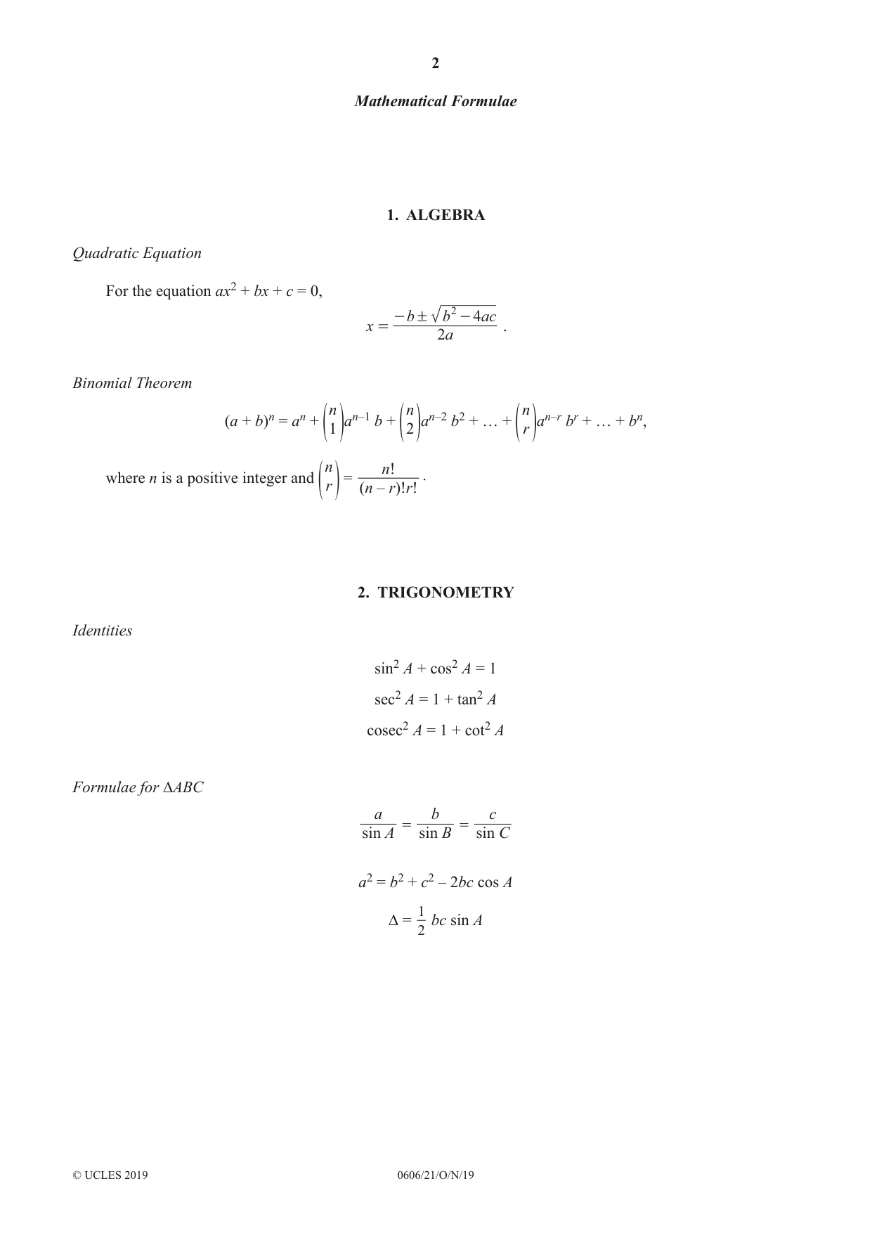 Cambridge IGCSE Mathematics - Additional 0606 2019 Oct/Nov Paper 2 · Variant 1 question paper, page 2 of 16