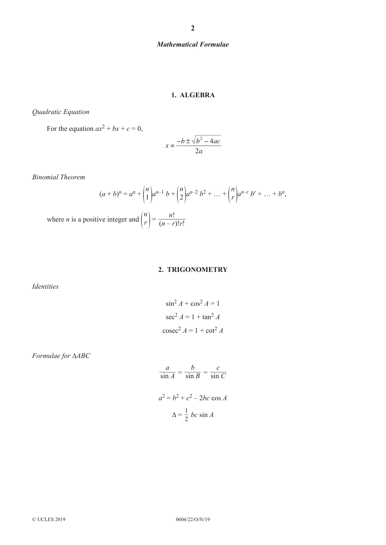 Cambridge IGCSE Mathematics - Additional 0606 2019 Oct/Nov Paper 2 · Variant 2 question paper, page 2 of 16