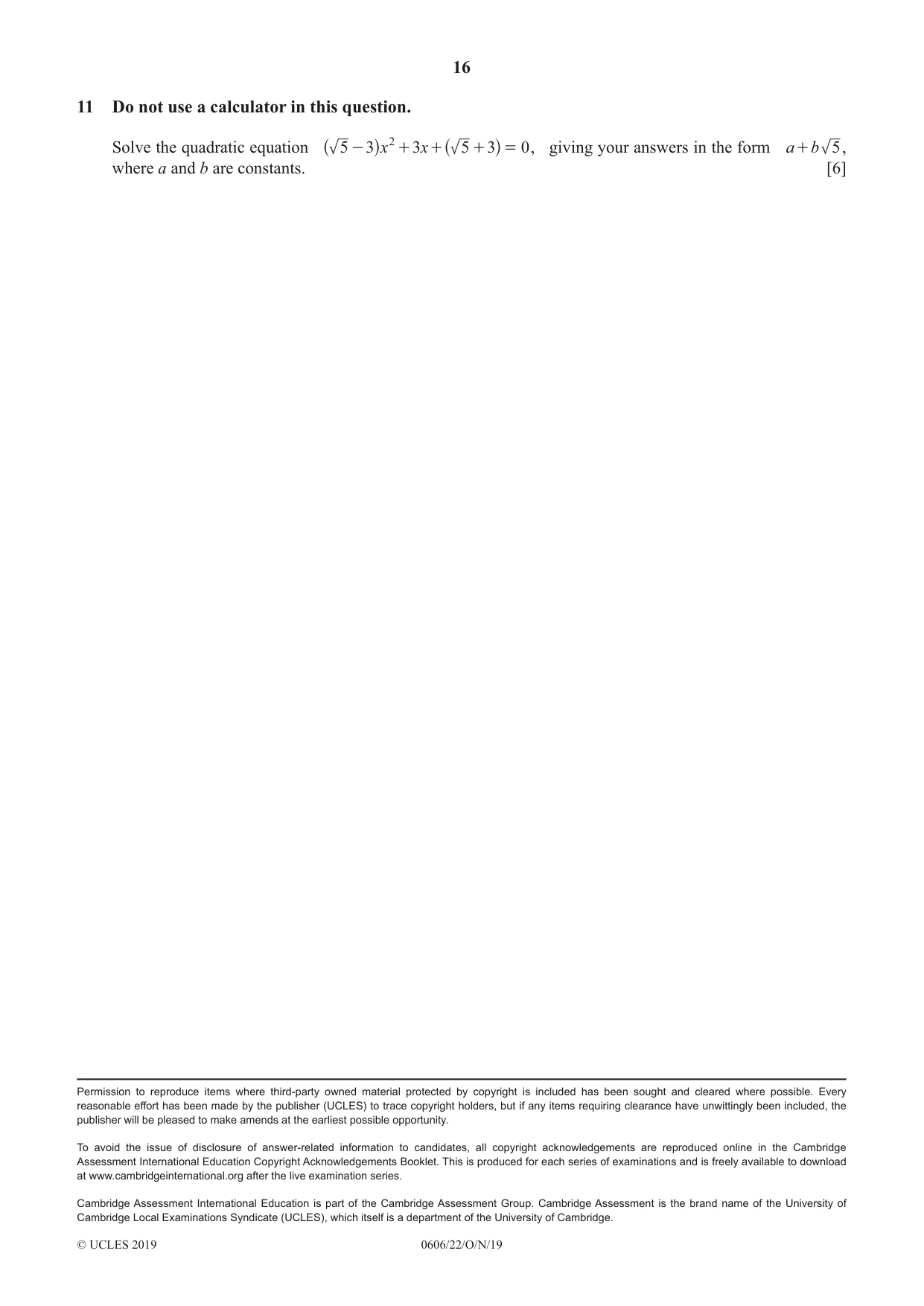 Cambridge IGCSE Mathematics - Additional 0606 2019 Oct/Nov Paper 2 · Variant 2 question paper, page 16 of 16