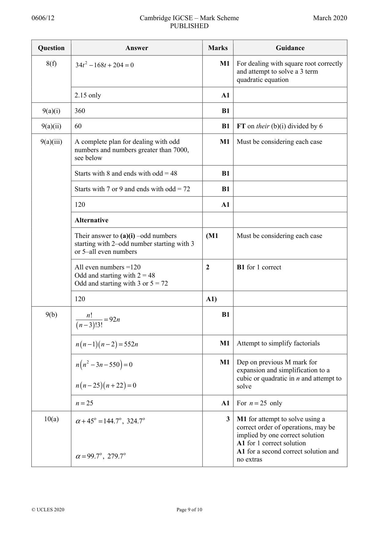 Mark scheme, page 9 of 10
