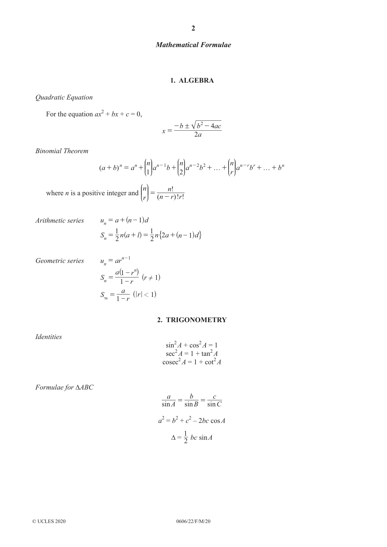 Cambridge IGCSE Mathematics - Additional 0606 2020 Feb/March Paper 2 · Variant 2 question paper, page 2 of 16
