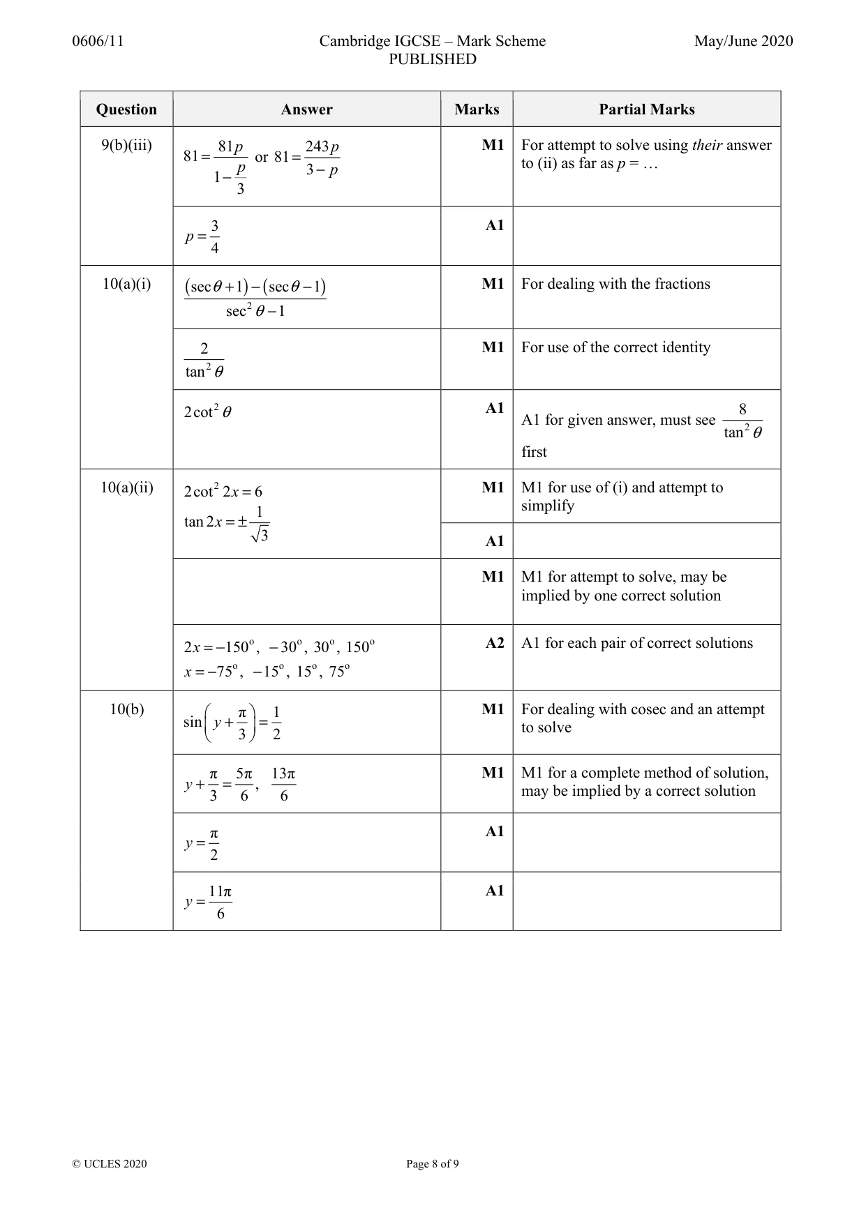 Mark scheme, page 8 of 9