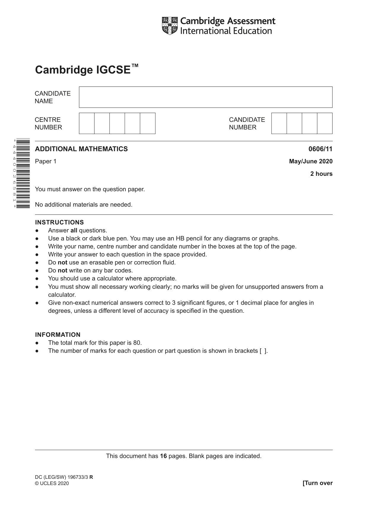 Cambridge IGCSE Mathematics - Additional 0606 2020 May/June Paper 1 · Variant 1 question paper, page 1 of 16