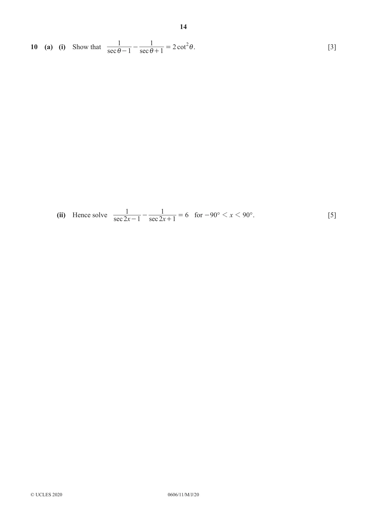 Cambridge IGCSE Mathematics - Additional 0606 2020 May/June Paper 1 · Variant 1 question paper, page 14 of 16