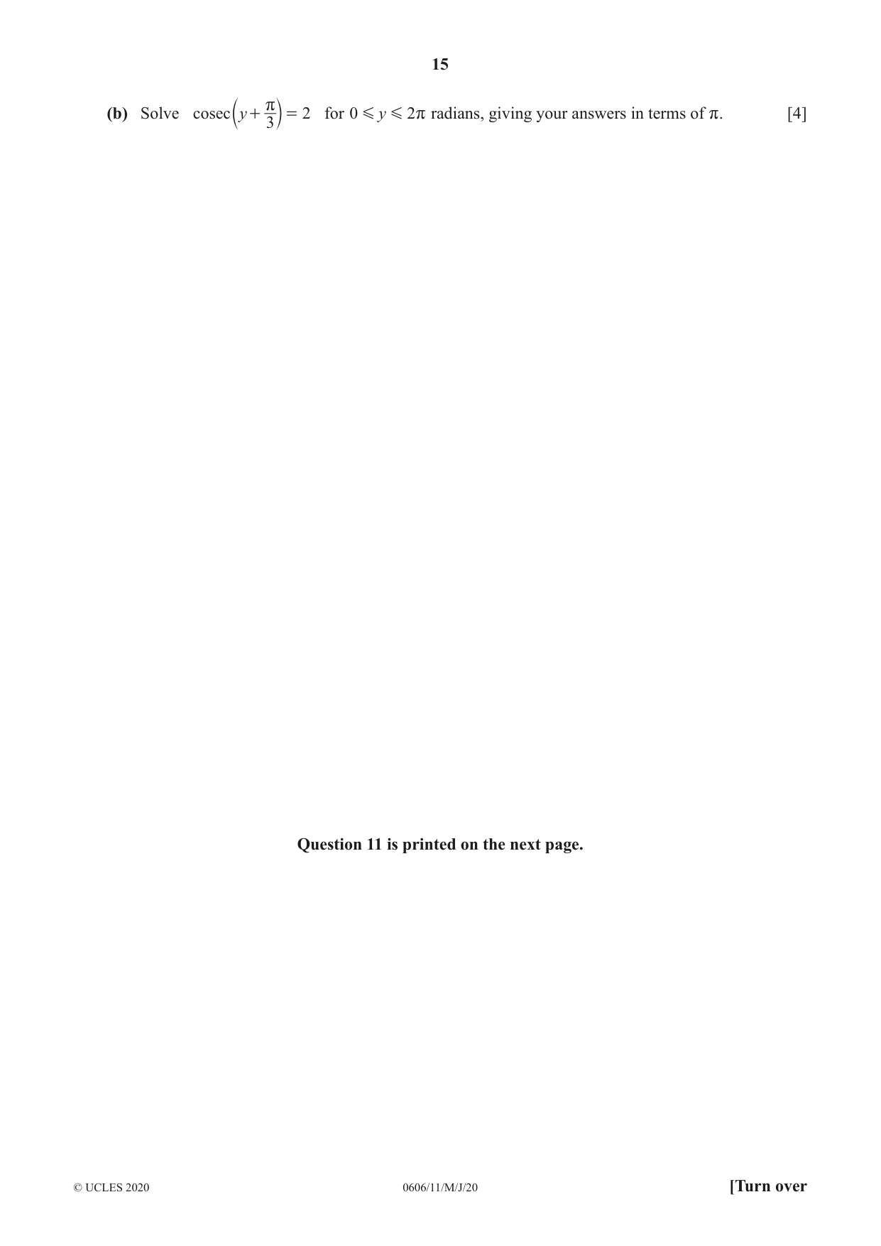 Cambridge IGCSE Mathematics - Additional 0606 2020 May/June Paper 1 · Variant 1 question paper, page 15 of 16