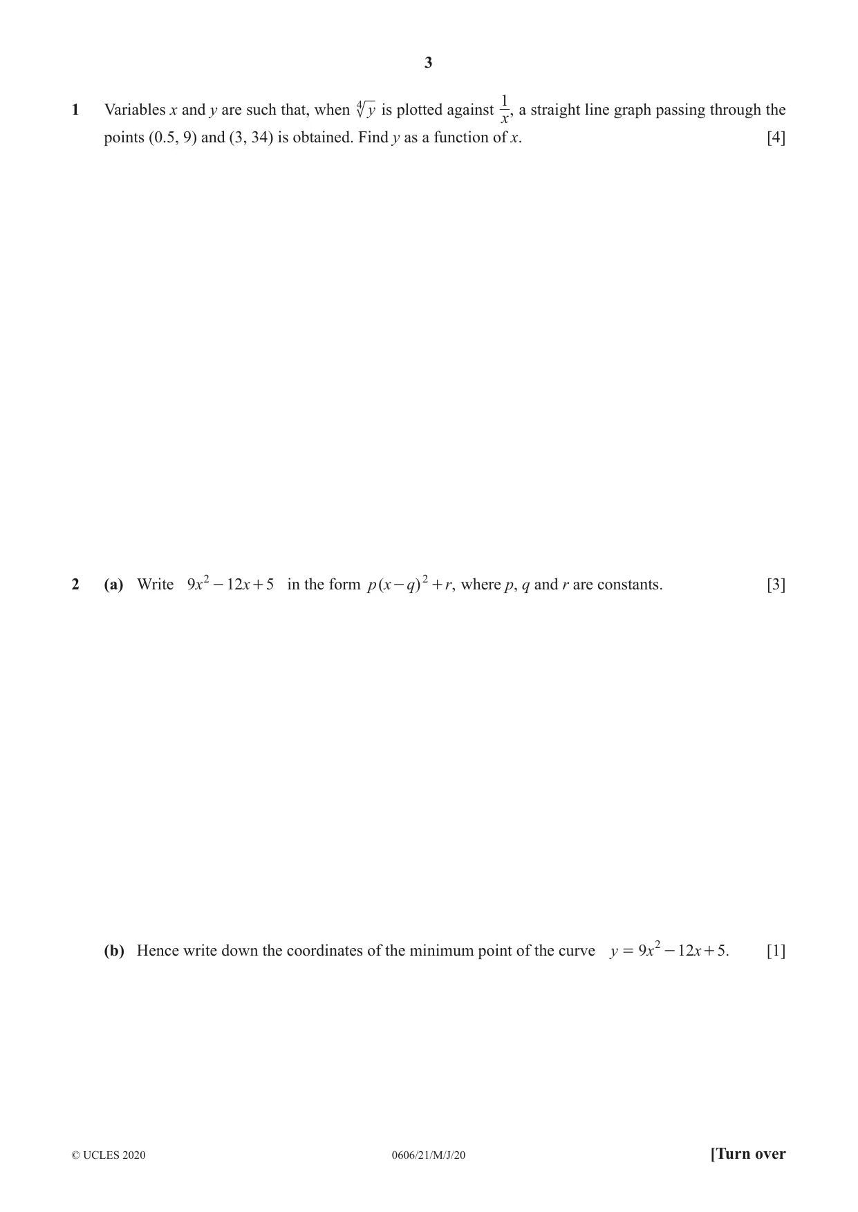 Cambridge IGCSE Mathematics - Additional 0606 2020 May/June Paper 2 · Variant 1 question paper, page 3 of 16