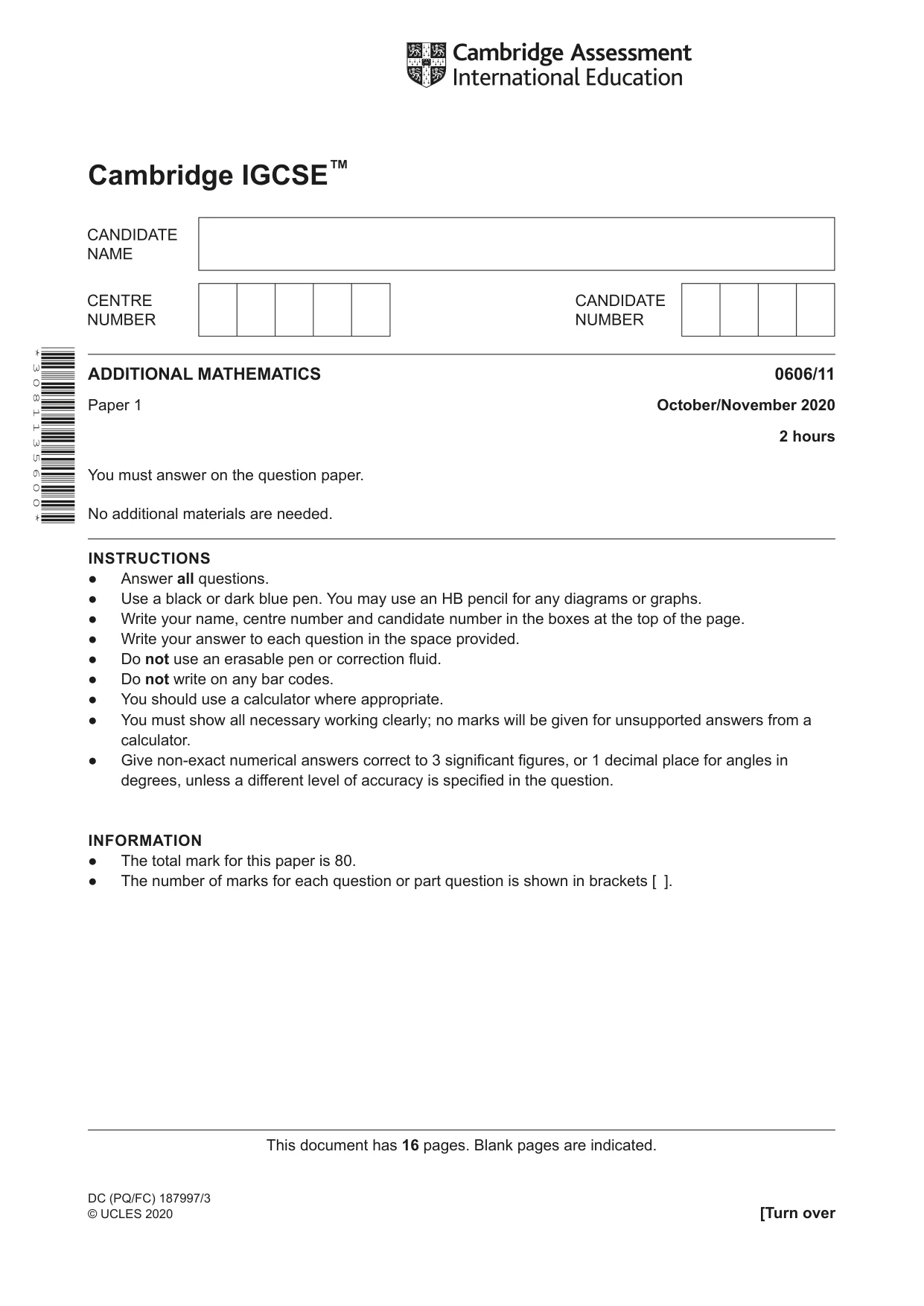 Cambridge IGCSE Mathematics - Additional 0606 2020 Oct/Nov Paper 1 · Variant 1 question paper, page 1 of 16
