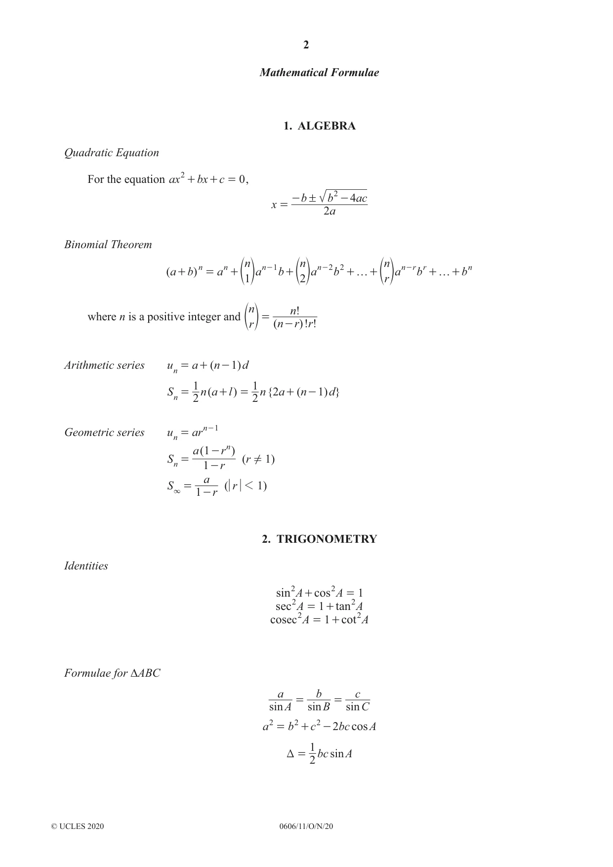 Cambridge IGCSE Mathematics - Additional 0606 2020 Oct/Nov Paper 1 · Variant 1 question paper, page 2 of 16