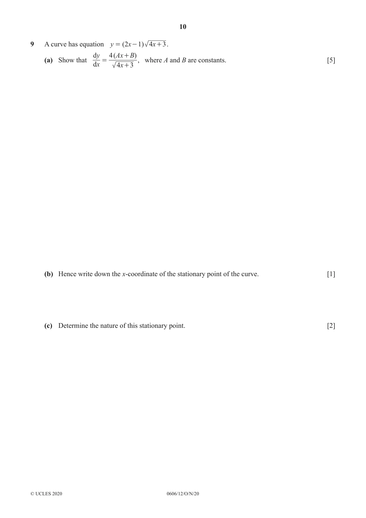 Cambridge IGCSE Mathematics - Additional 0606 2020 Oct/Nov Paper 1 · Variant 2 question paper, page 10 of 16