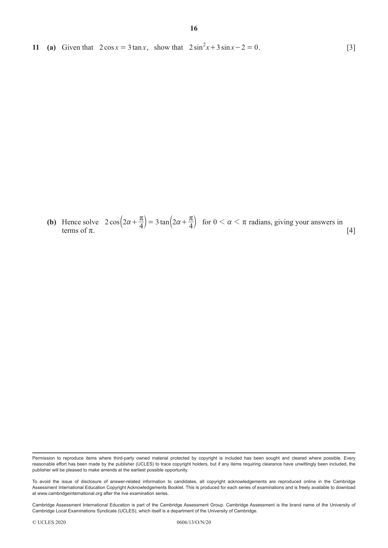 Cambridge IGCSE Mathematics - Additional 0606 2020 Oct/Nov Paper 1 · Variant 3 question paper, page 16 of 16