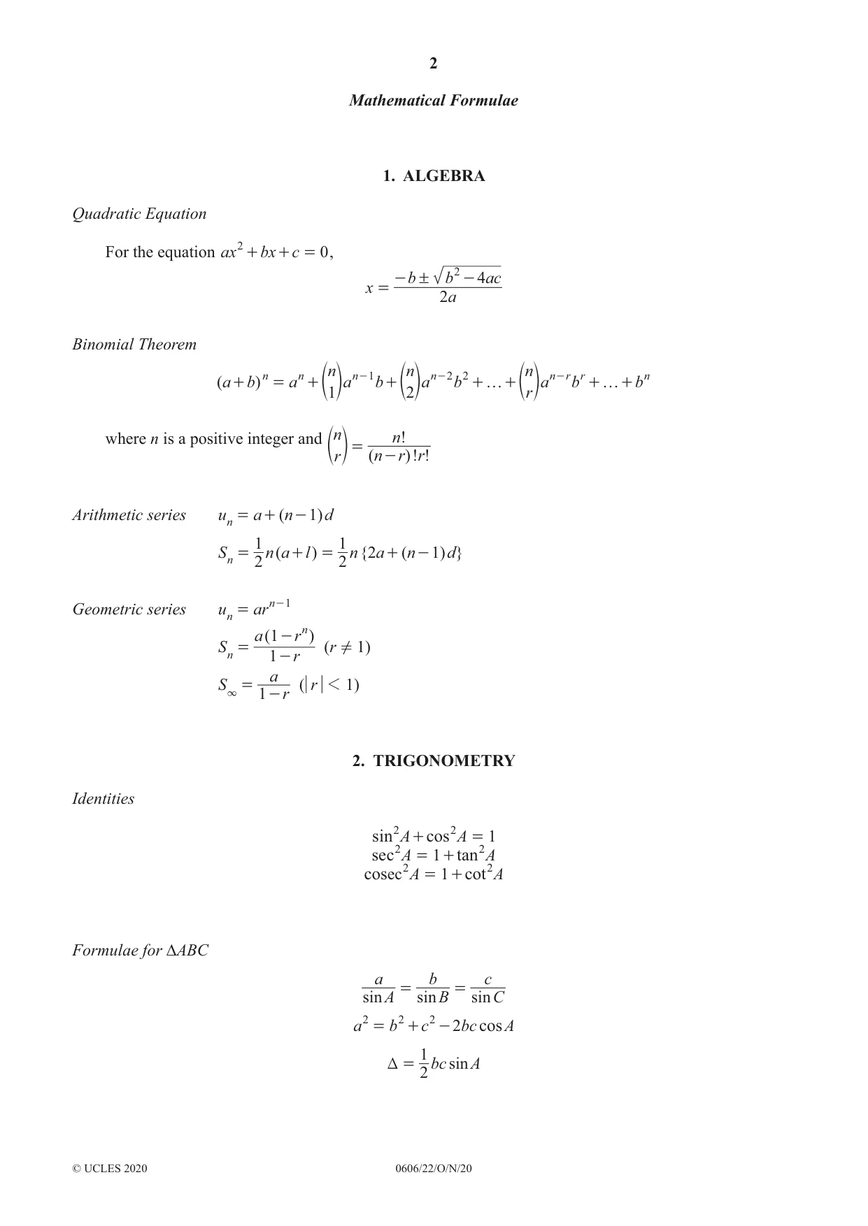 Cambridge IGCSE Mathematics - Additional 0606 2020 Oct/Nov Paper 2 · Variant 2 question paper, page 2 of 16