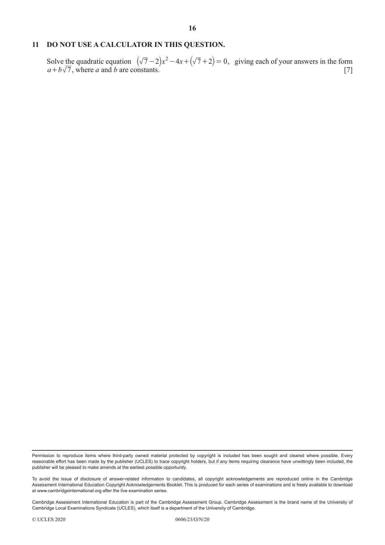 Cambridge IGCSE Mathematics - Additional 0606 2020 Oct/Nov Paper 2 · Variant 3 question paper, page 16 of 16