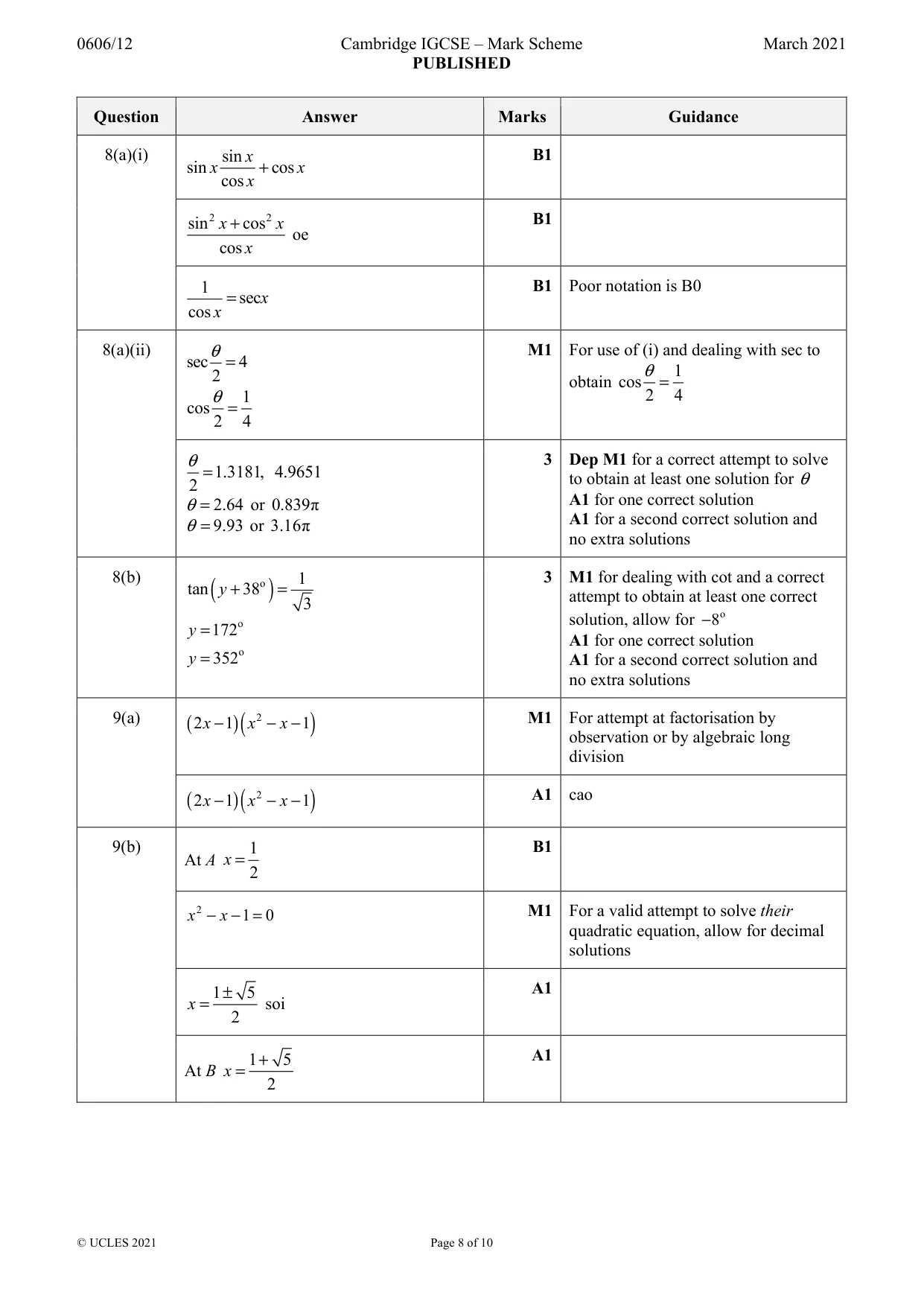 Mark scheme, page 8 of 10