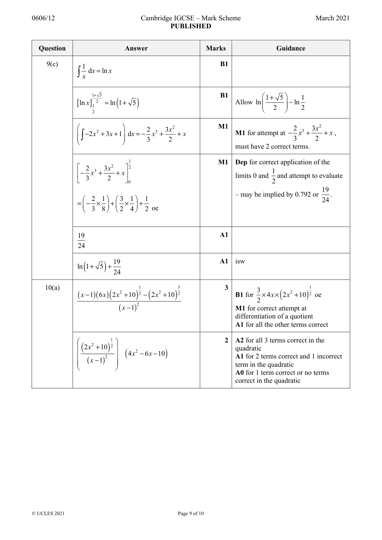 Mark scheme, page 9 of 10