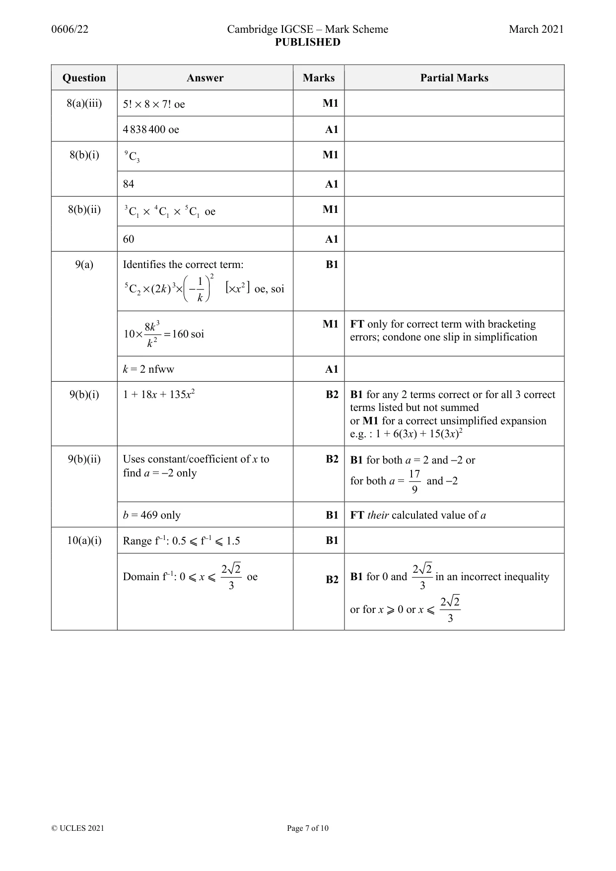 Mark scheme, page 7 of 10