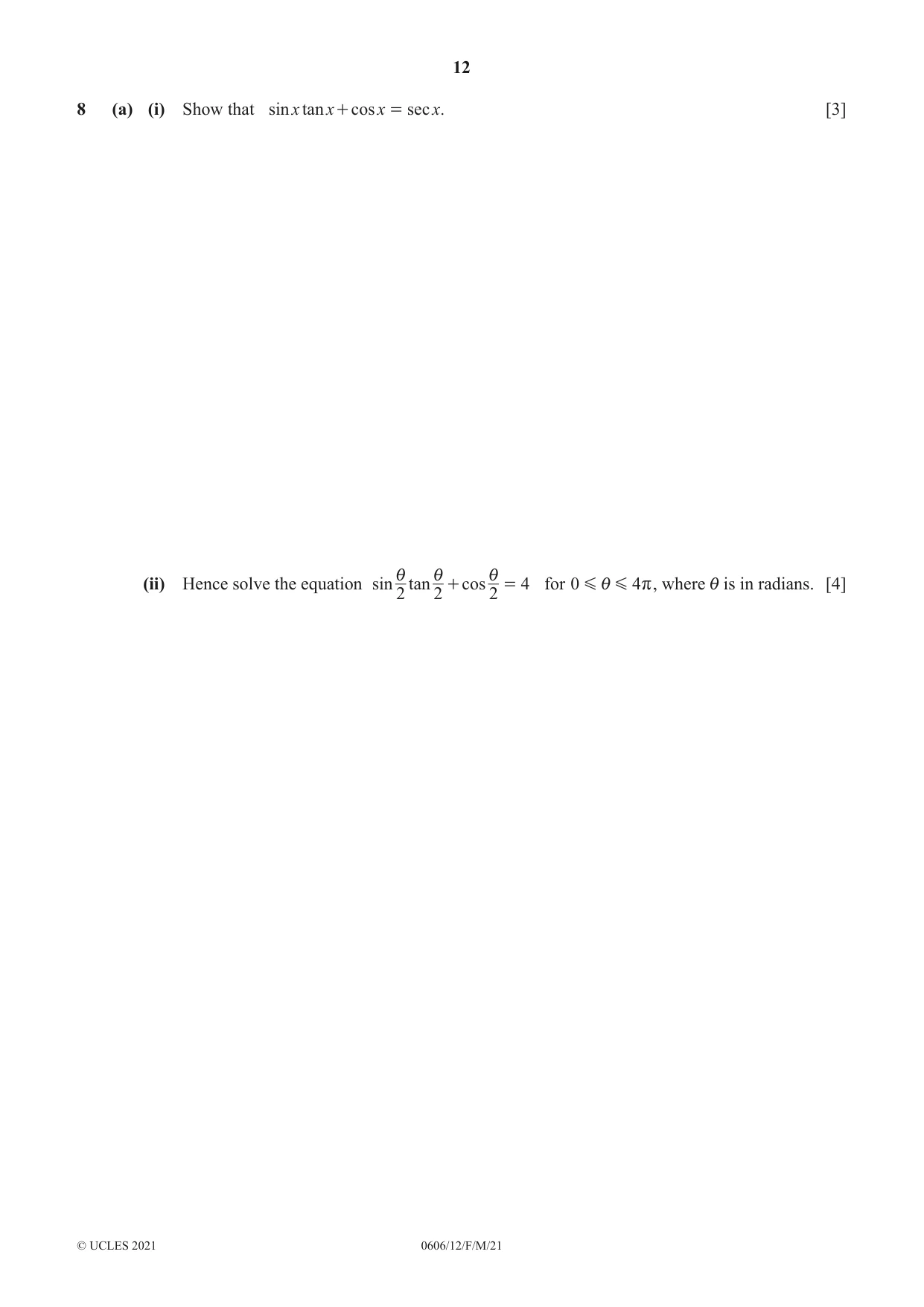 Cambridge IGCSE Mathematics - Additional 0606 2021 Feb/March Paper 1 · Variant 2 question paper, page 12 of 16