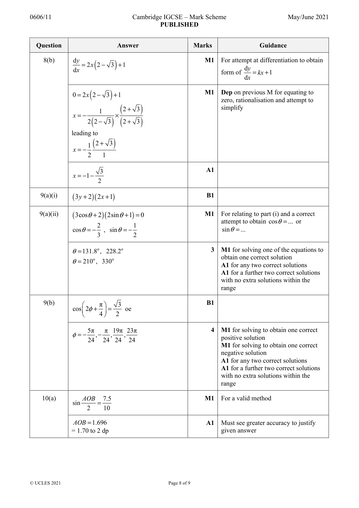 Mark scheme, page 8 of 9