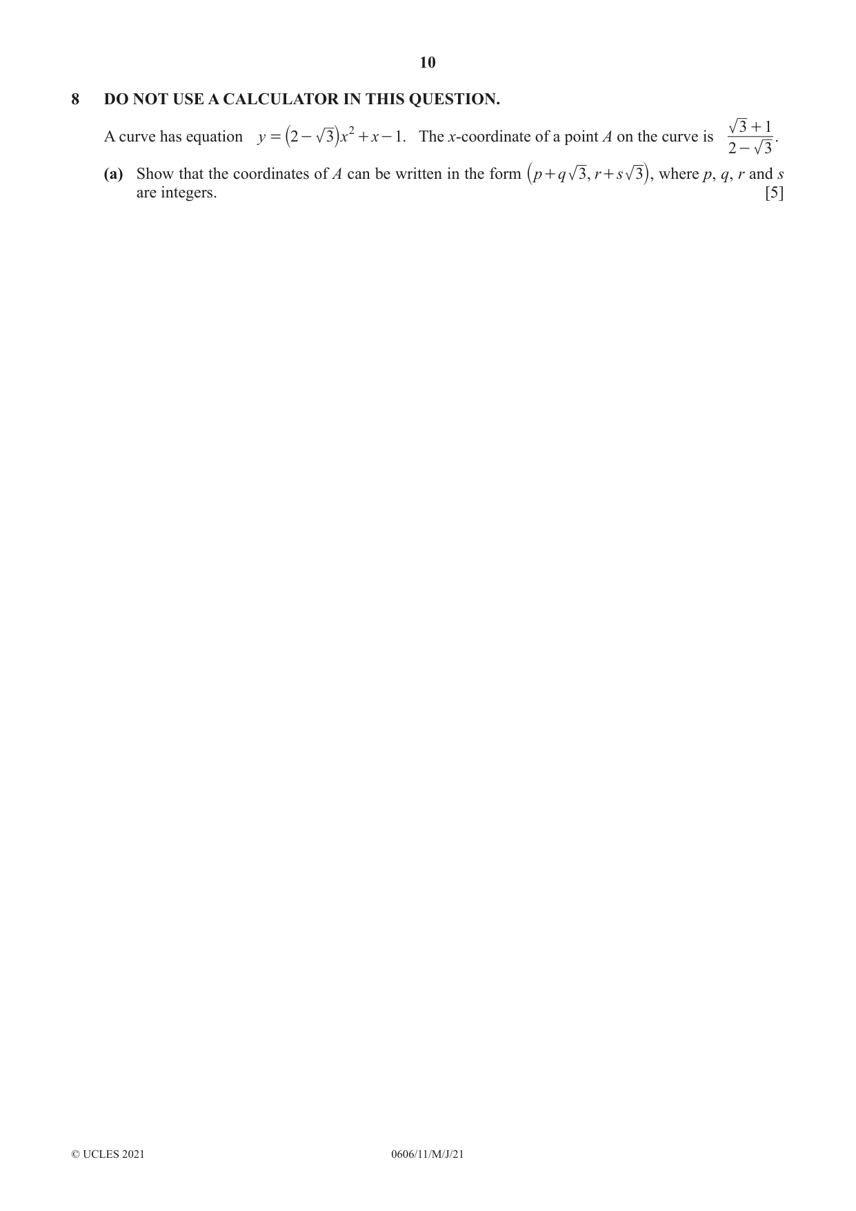Cambridge IGCSE Mathematics - Additional 0606 2021 May/June Paper 1 · Variant 1 question paper, page 10 of 16