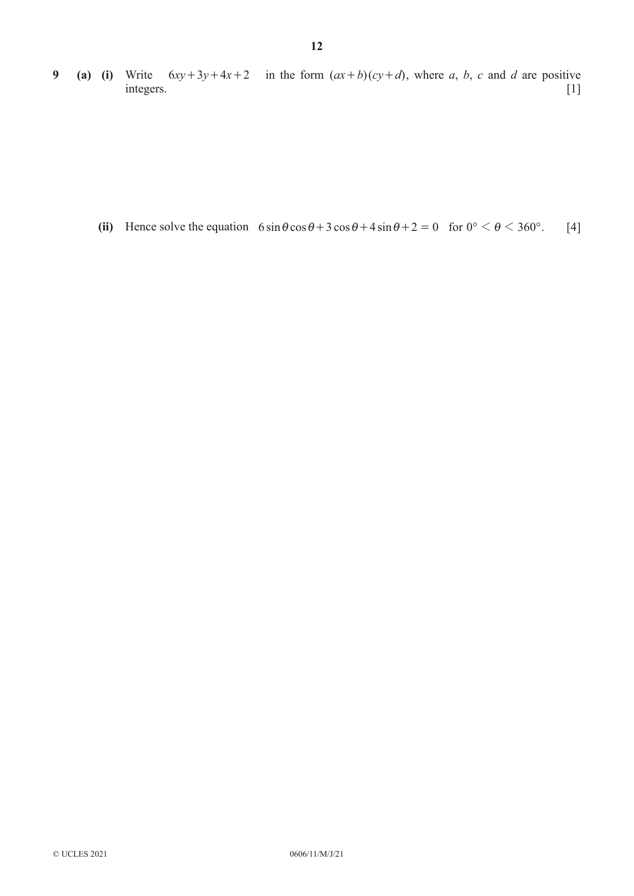 Cambridge IGCSE Mathematics - Additional 0606 2021 May/June Paper 1 · Variant 1 question paper, page 12 of 16