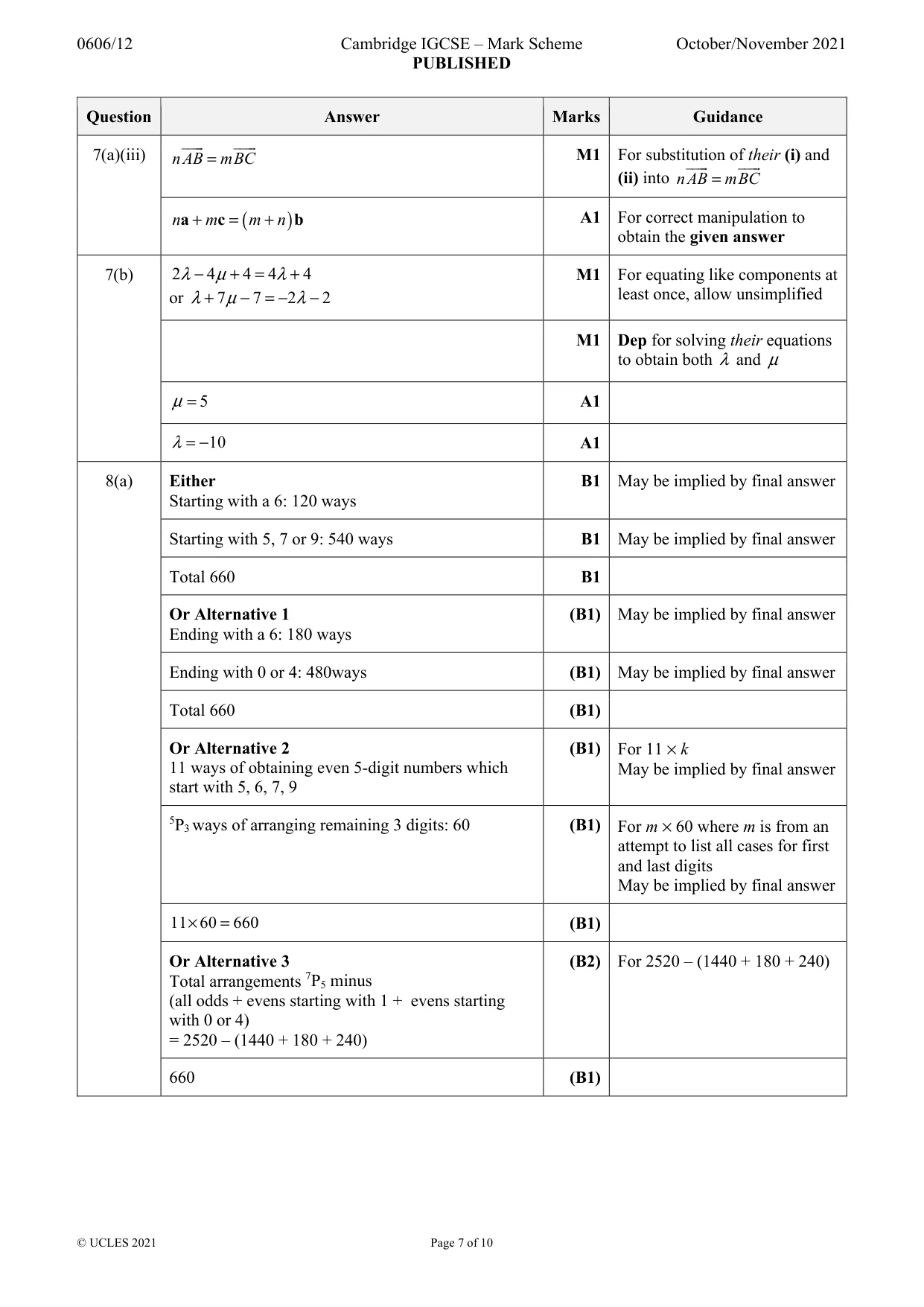 Mark scheme, page 7 of 10