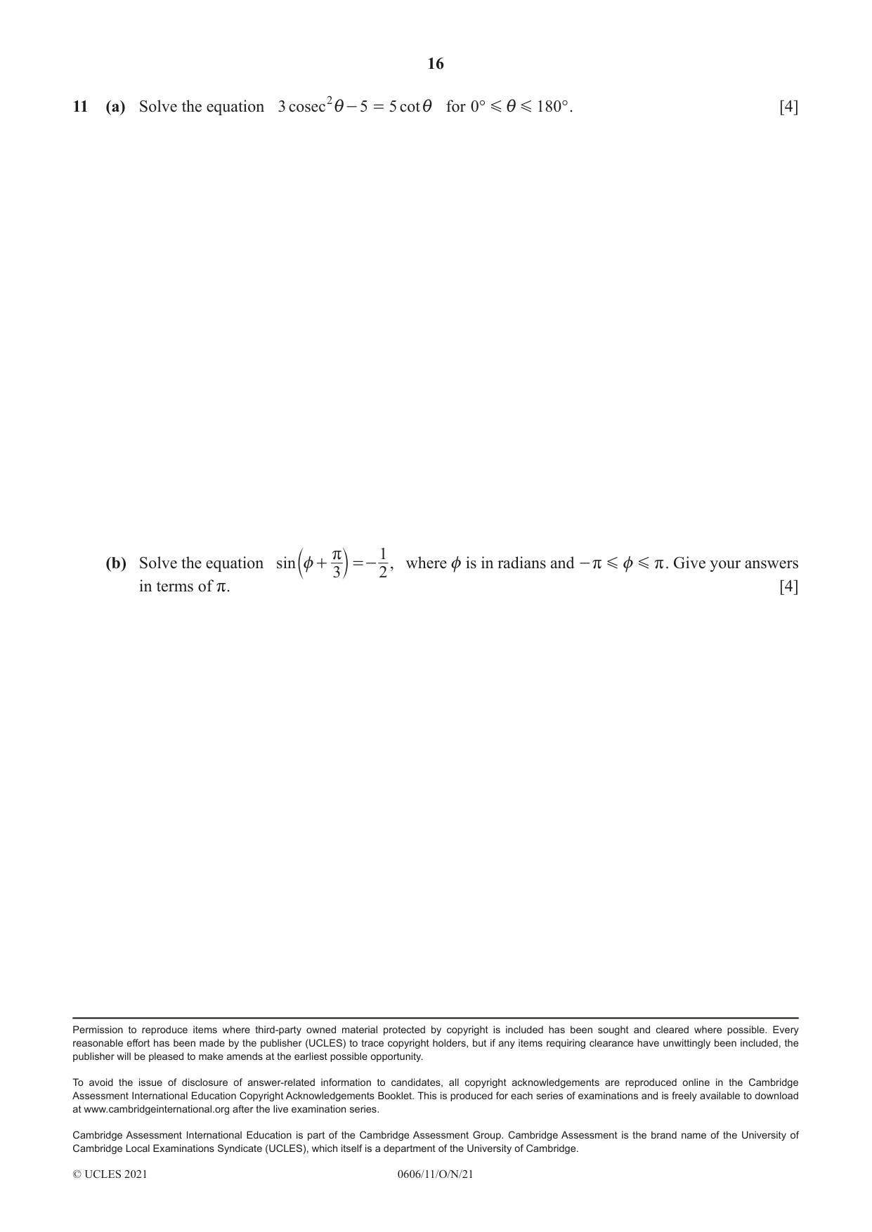 Cambridge IGCSE Mathematics - Additional 0606 2021 Oct/Nov Paper 1 · Variant 1 question paper, page 16 of 16