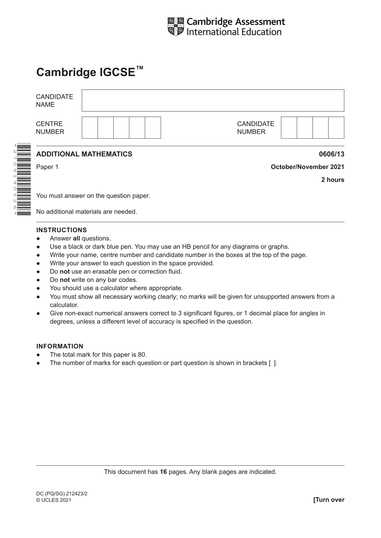 Cambridge IGCSE Mathematics - Additional 0606 2021 Oct/Nov Paper 1 · Variant 3 question paper, page 1 of 16