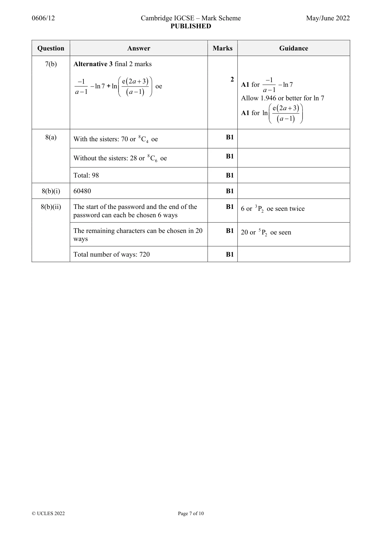 Mark scheme, page 7 of 10