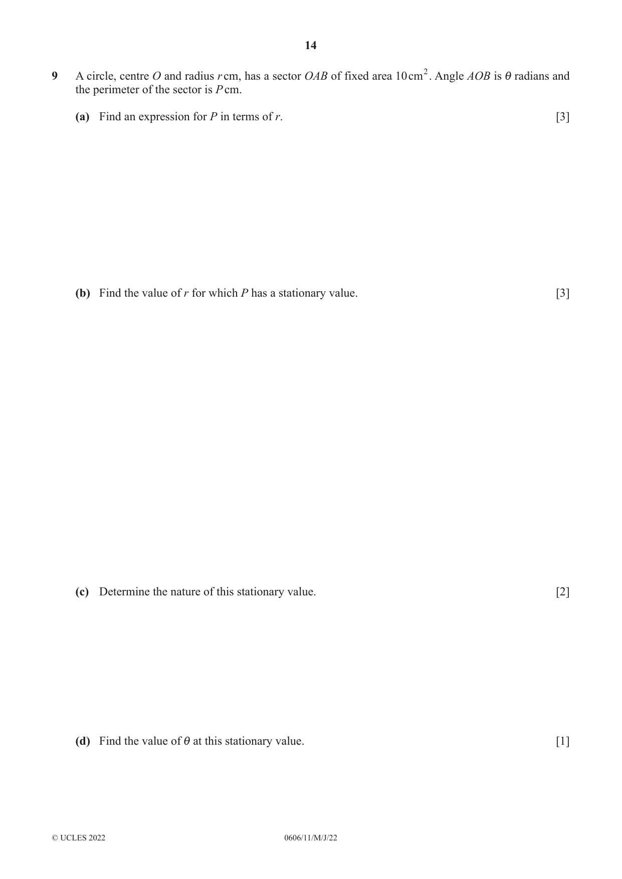 Cambridge IGCSE Mathematics - Additional 0606 2022 May/June Paper 1 · Variant 1 question paper, page 14 of 16