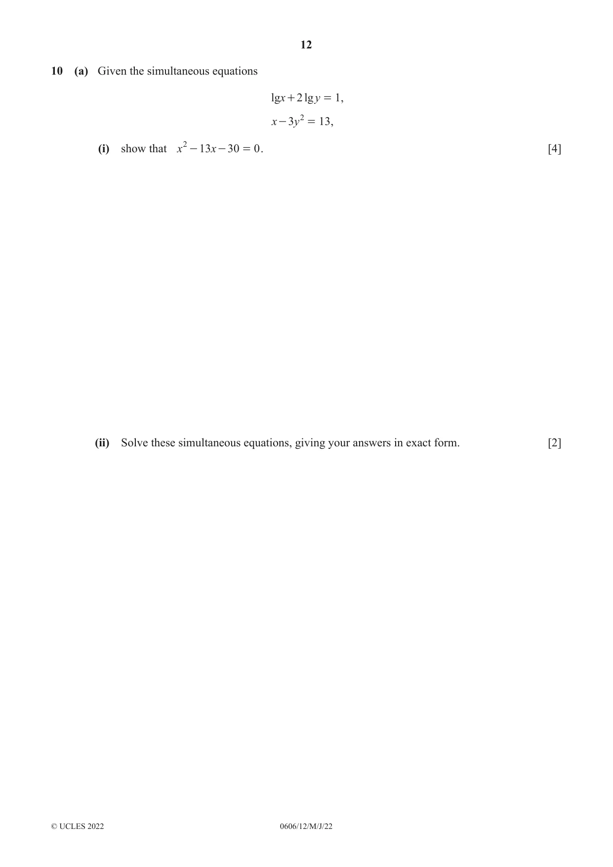Cambridge IGCSE Mathematics - Additional 0606 2022 May/June Paper 1 · Variant 2 question paper, page 12 of 16