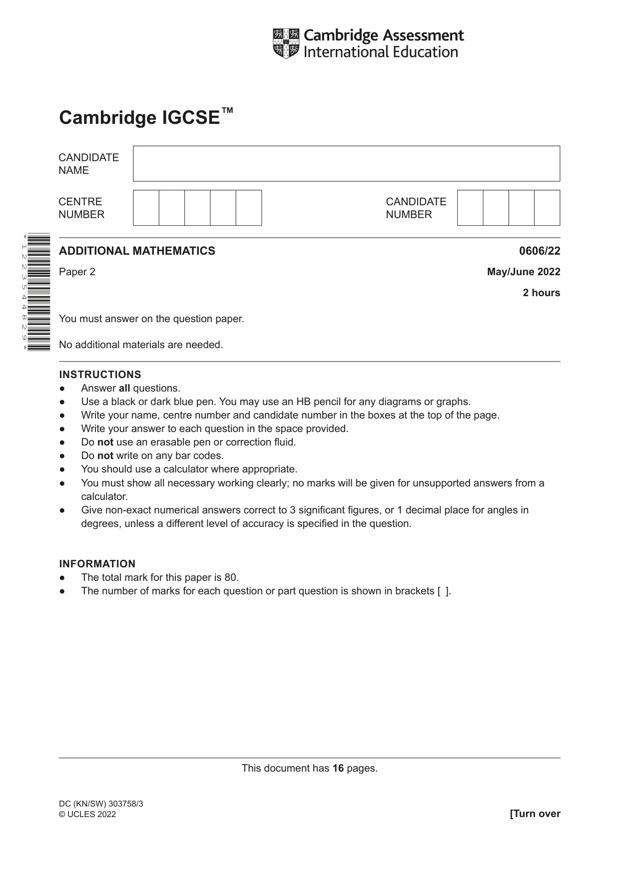 Cambridge IGCSE Mathematics - Additional 0606 2022 May/June Paper 2 · Variant 2 question paper, page 1 of 16