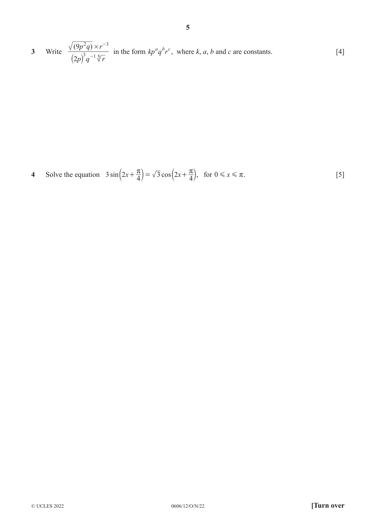 Cambridge IGCSE Mathematics - Additional 0606 2022 Oct/Nov Paper 1 · Variant 2 question paper, page 5 of 16