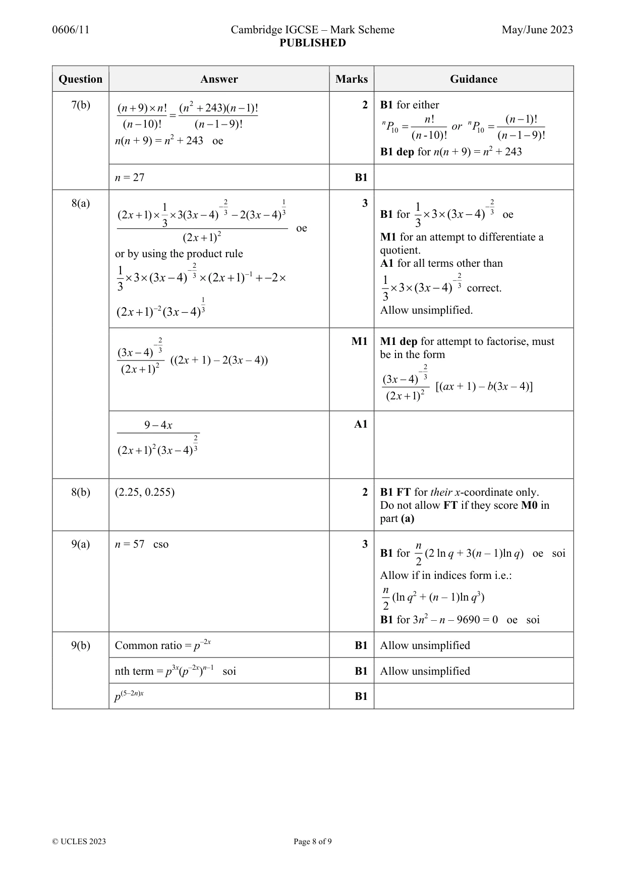 Mark scheme, page 8 of 9