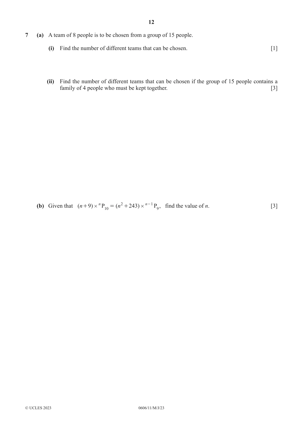 Cambridge IGCSE Mathematics - Additional 0606 2023 May/June Paper 1 · Variant 1 question paper, page 12 of 16