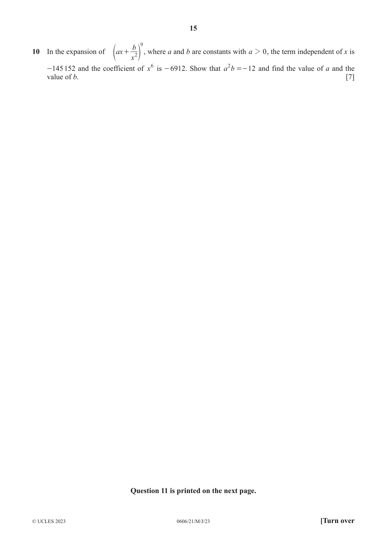 Cambridge IGCSE Mathematics - Additional 0606 2023 May/June Paper 2 · Variant 1 question paper, page 15 of 16
