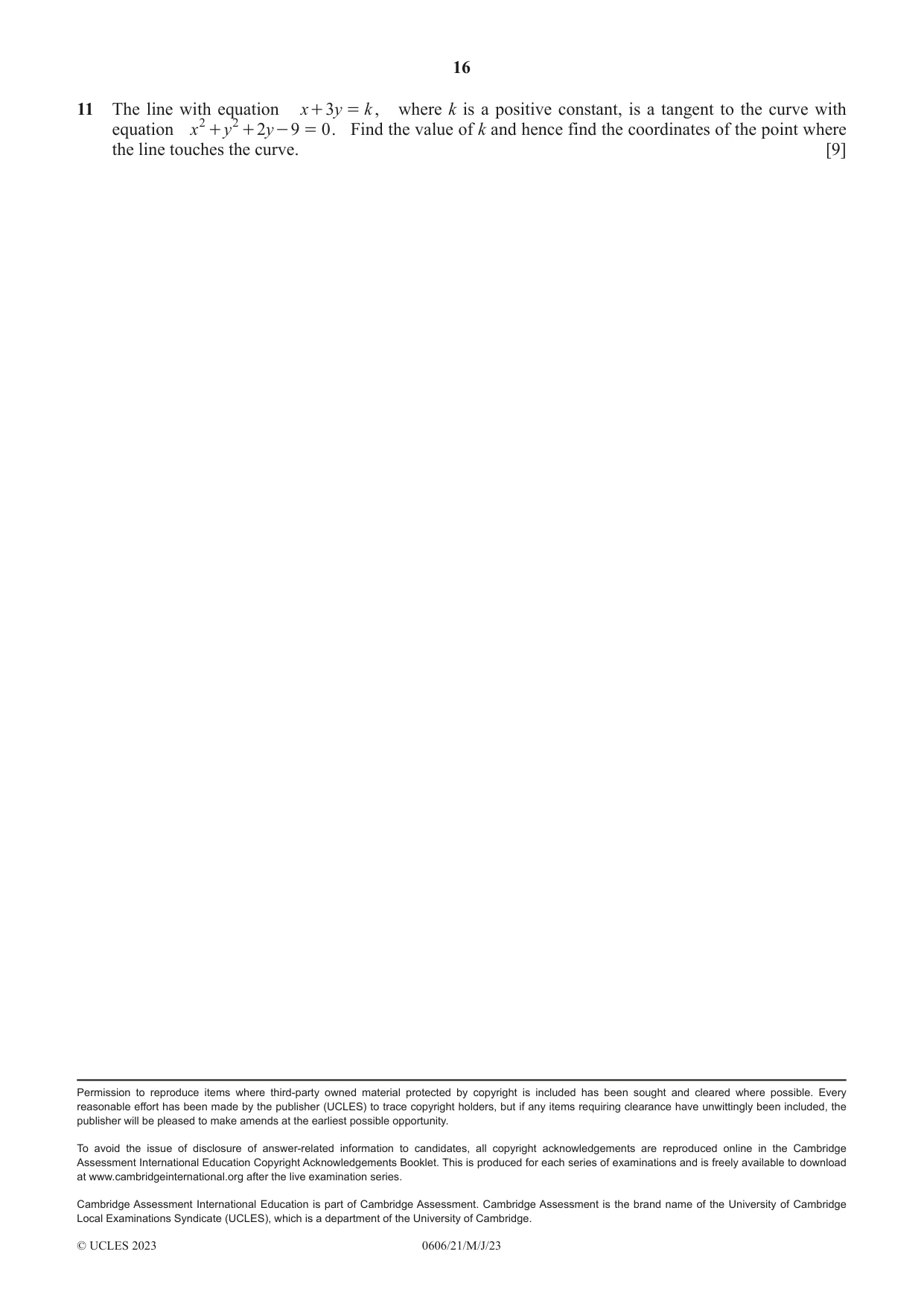 Cambridge IGCSE Mathematics - Additional 0606 2023 May/June Paper 2 · Variant 1 question paper, page 16 of 16
