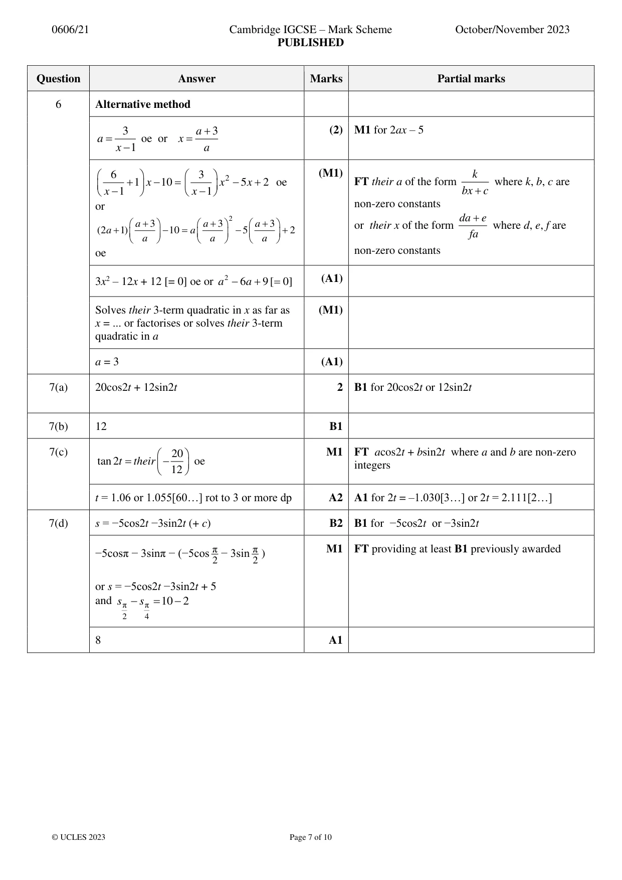 Mark scheme, page 7 of 10