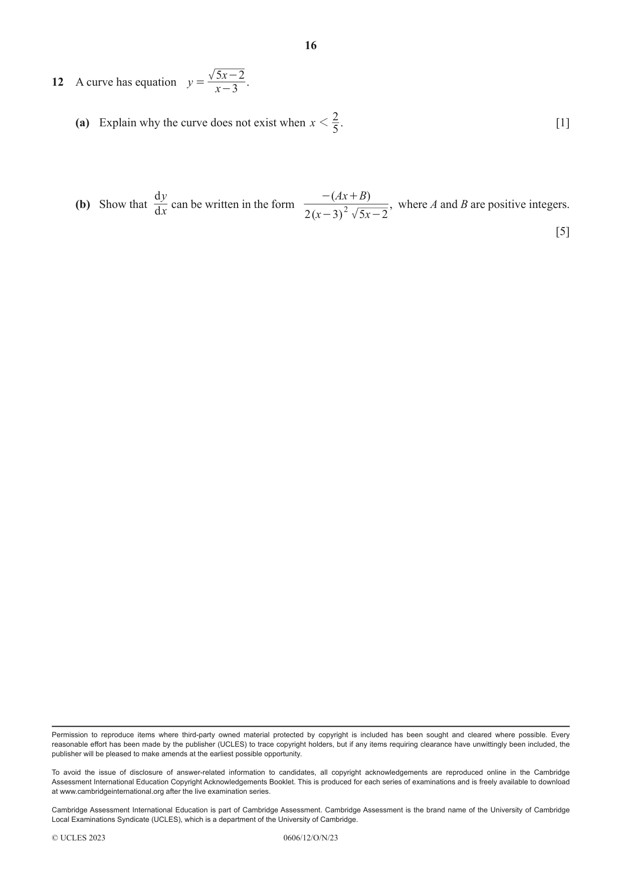 Cambridge IGCSE Mathematics - Additional 0606 2023 Oct/Nov Paper 1 · Variant 2 question paper, page 16 of 16